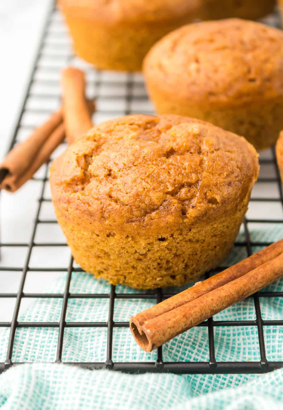 Onw muffin on a cooling rack with cinnamon sticks.