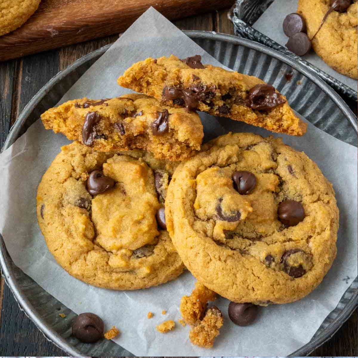 pumpkin chocolate chip cookies on a plate.
