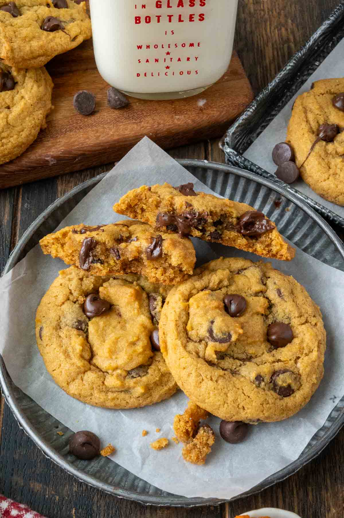 pumpkin chocolate chip cookies on a plate.