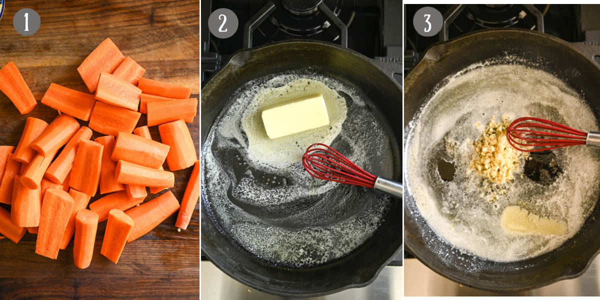 Three process photos. First one carrots chopped into large chunks. Second one, butter melted in a cast iron skillet. Third one, honey and garlic added into the skillet.