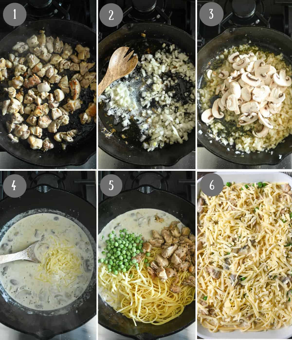 Six process photos. First one, diced chicken being sauteed in a pan. Second one, onions and garlic being cooked in the pan. Third one, sliced mushrooms added in. Fourth one liquid added in. Fifth one, the rest of the ingredients added in. Sixth one, everything added into a baking dish.