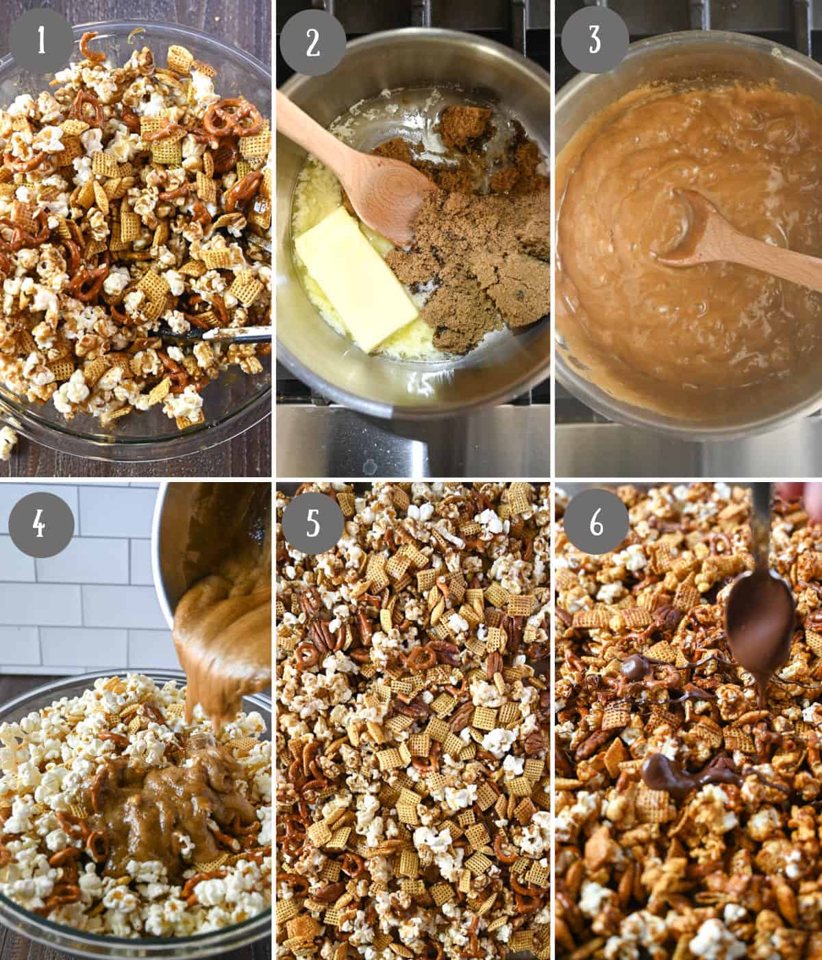 Six process photos. First one, a bowl full of popcorn, chex, pecans and pretzels. Secone one, a saucepan with butter and brown sugar melting. Third one, caramel all simmered and melted. Fourth one, sauce being poured over the mix. Fifth one, caramel snack mix poured on a baking sheet. Sixth one, caramel snack mix done baking.