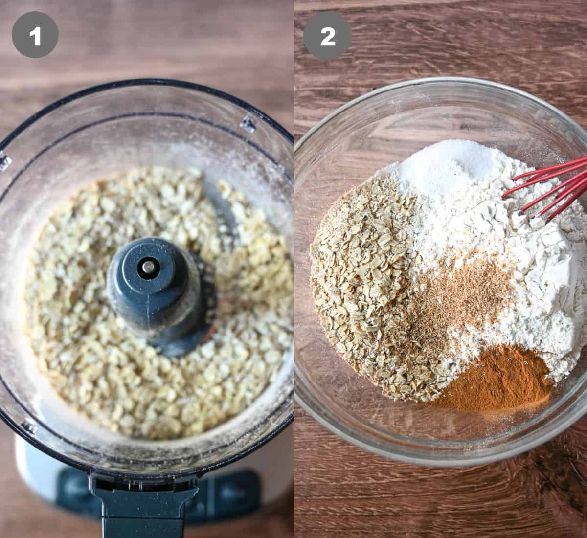 Oatmeal in a food procesor then added to a bowl with the dry ingredients.