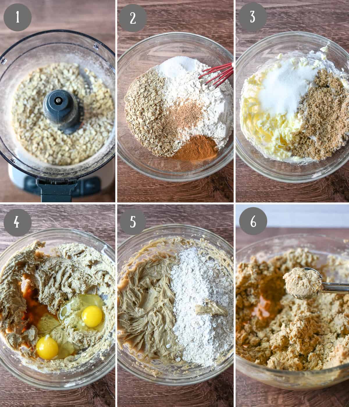 Six process photos. First one, oatmeal in a food processor. Second one, all the dry ingredients in a bowl. Third one, butter and sugars being mixed together. Fourth one, eggs and vanilla added in. Fifth one, wet ingredients added into the dry ingredients. Sixth one, a cookie scooper picking up a cookie.