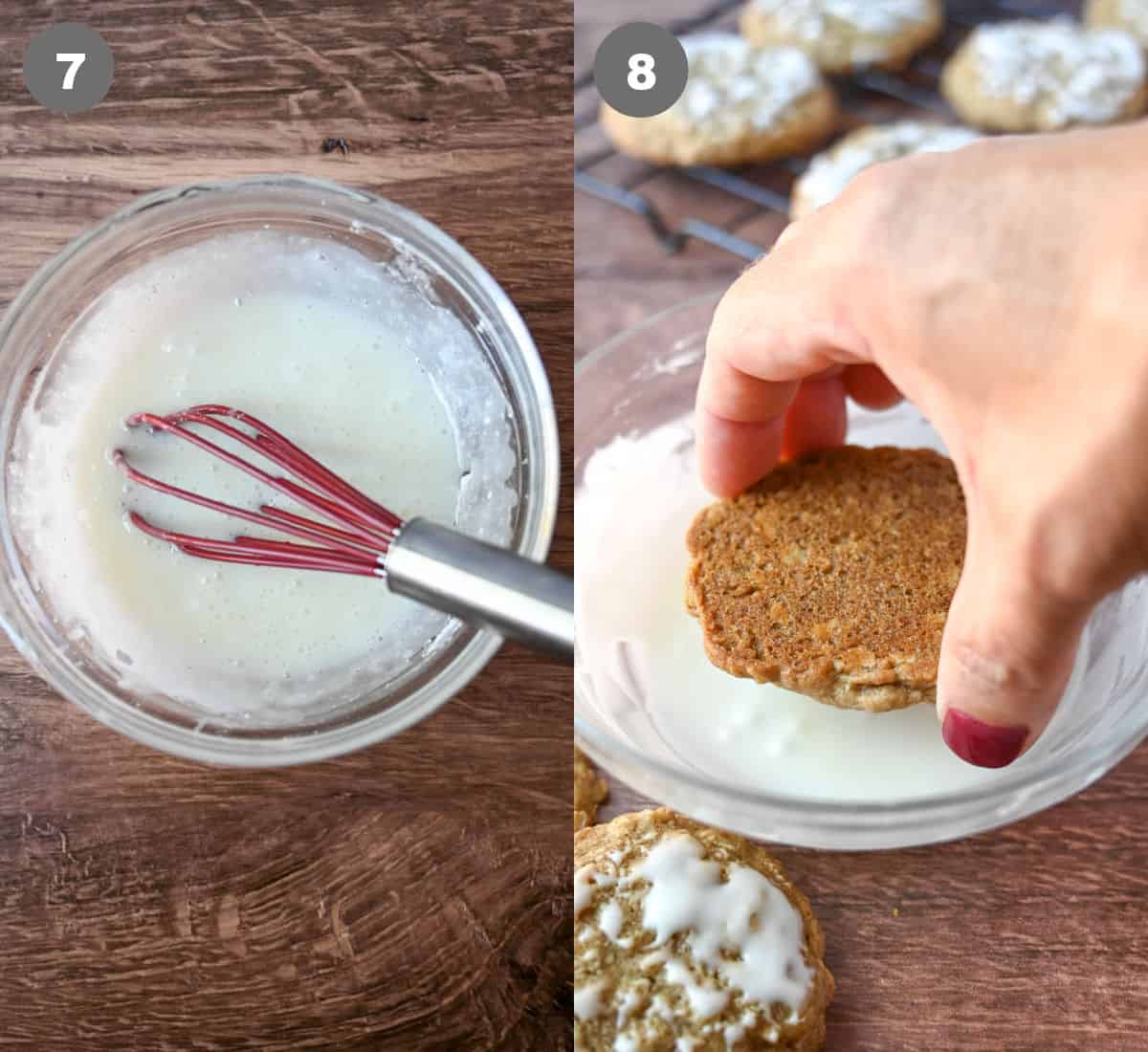 Icing mixed together in a bowl then cookies dipped in.