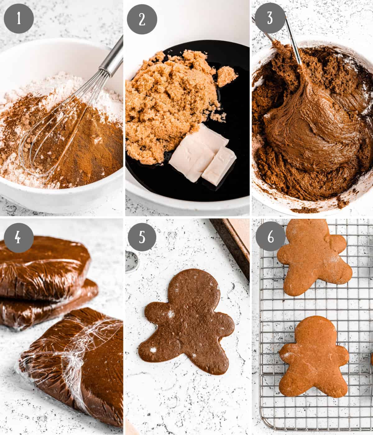 Six process photos. First one, the dry ingredients mixed in a bowl. Second one, the wet ingredients mixed in a bowl. Third one, the dough all mixed together. Fourth one, the dough wrapped in plastic wrap and ready to chill. Fifth one, a gingerbread man that has been cut out with a cutter. Sixth one, the baked cookie and placed on a cooling rack.