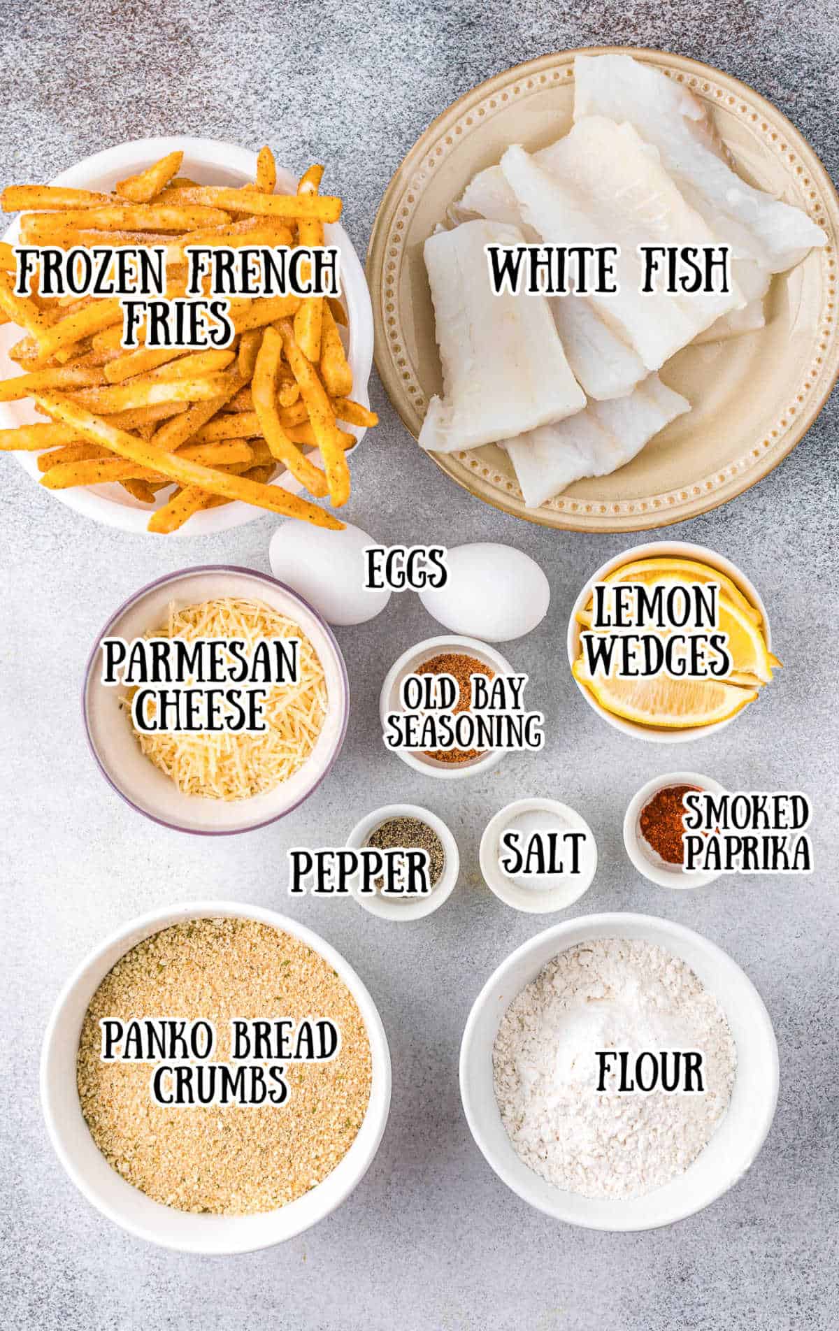 All the ingredients needed for air fryer fish and fries.