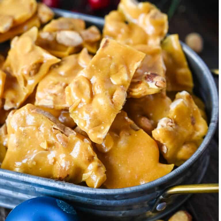 a close up photo of microwave peanut brittle.