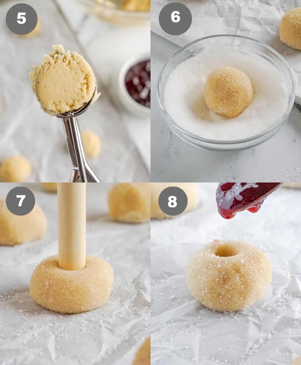 Four process photos. First one, a cookie scoop picking up a ball. Second one, the dough ball being rolled in a small bowl of sugar. Third one, a wooden dowel pushing a hole into the center. Fourth one, raspberry jam being added into the hole.