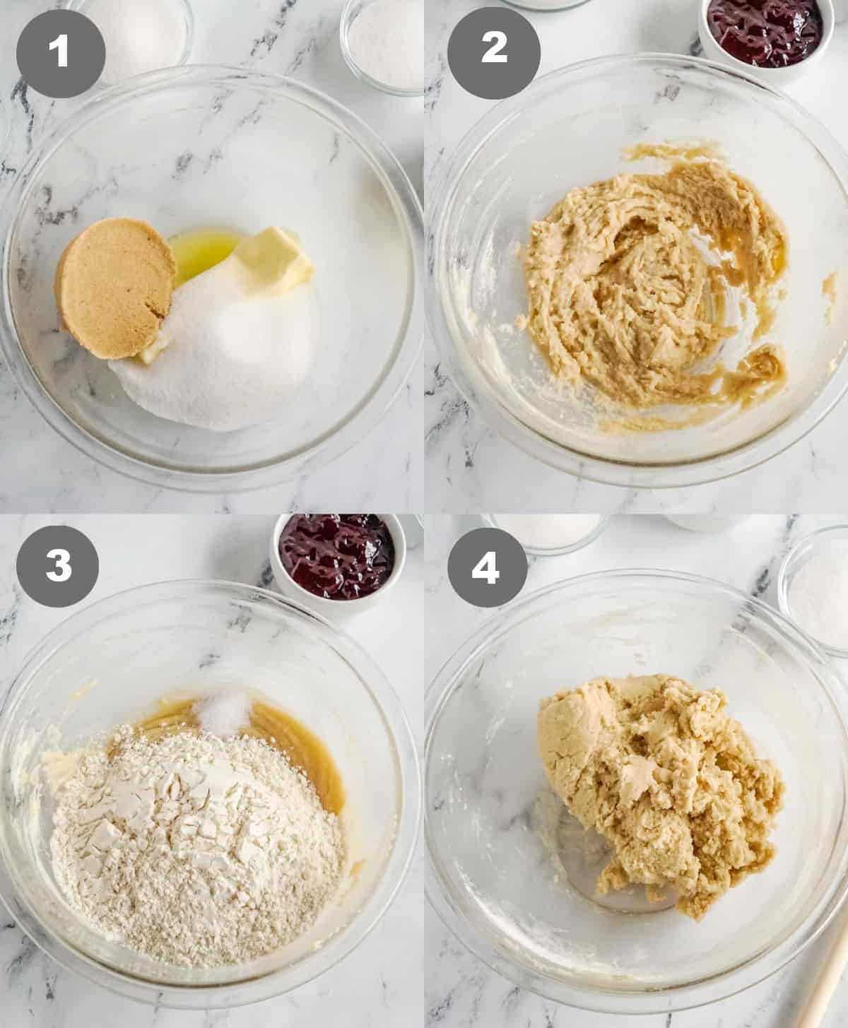 Four process photos. Firt one, The wet ingredients in a bowl and ready to mix. Second one, all the wet ingredients that have been mixed together. Third one, the dry ingredients added into the bowl. Fourth one, the dough all mixed together.
