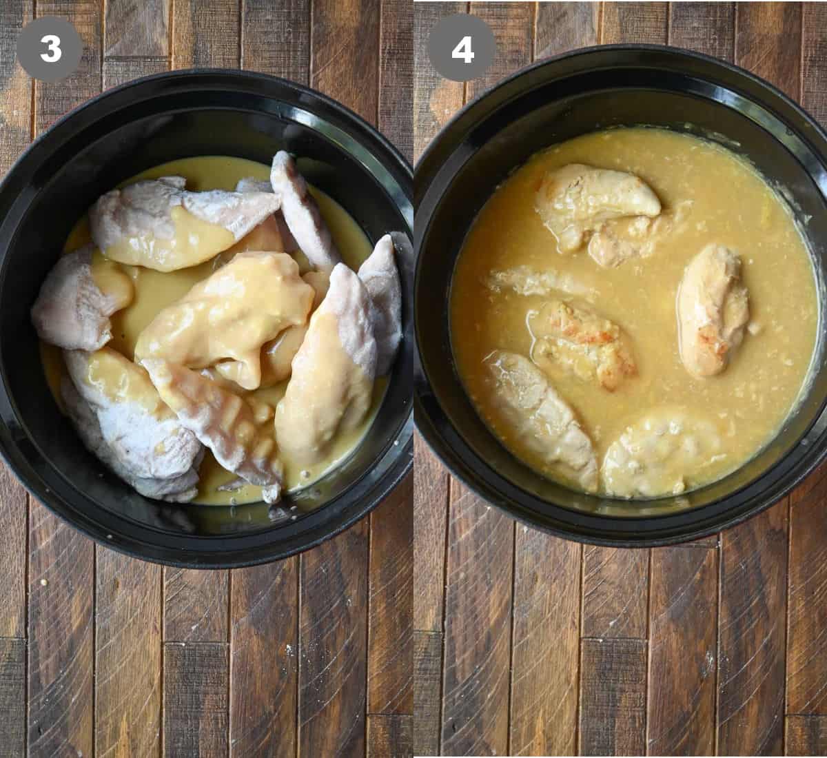 The gravy mixture poured on top of the chicken and cooked.