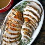 A close up photo of sliced turkey in a white plate.