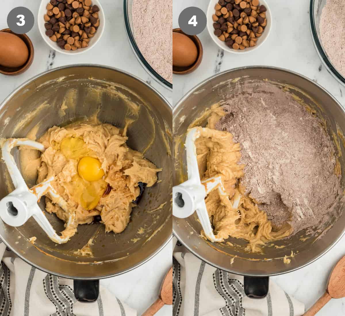 Two process photos. First one eggs added into the batter. Second one, dry mixture added into the batter.