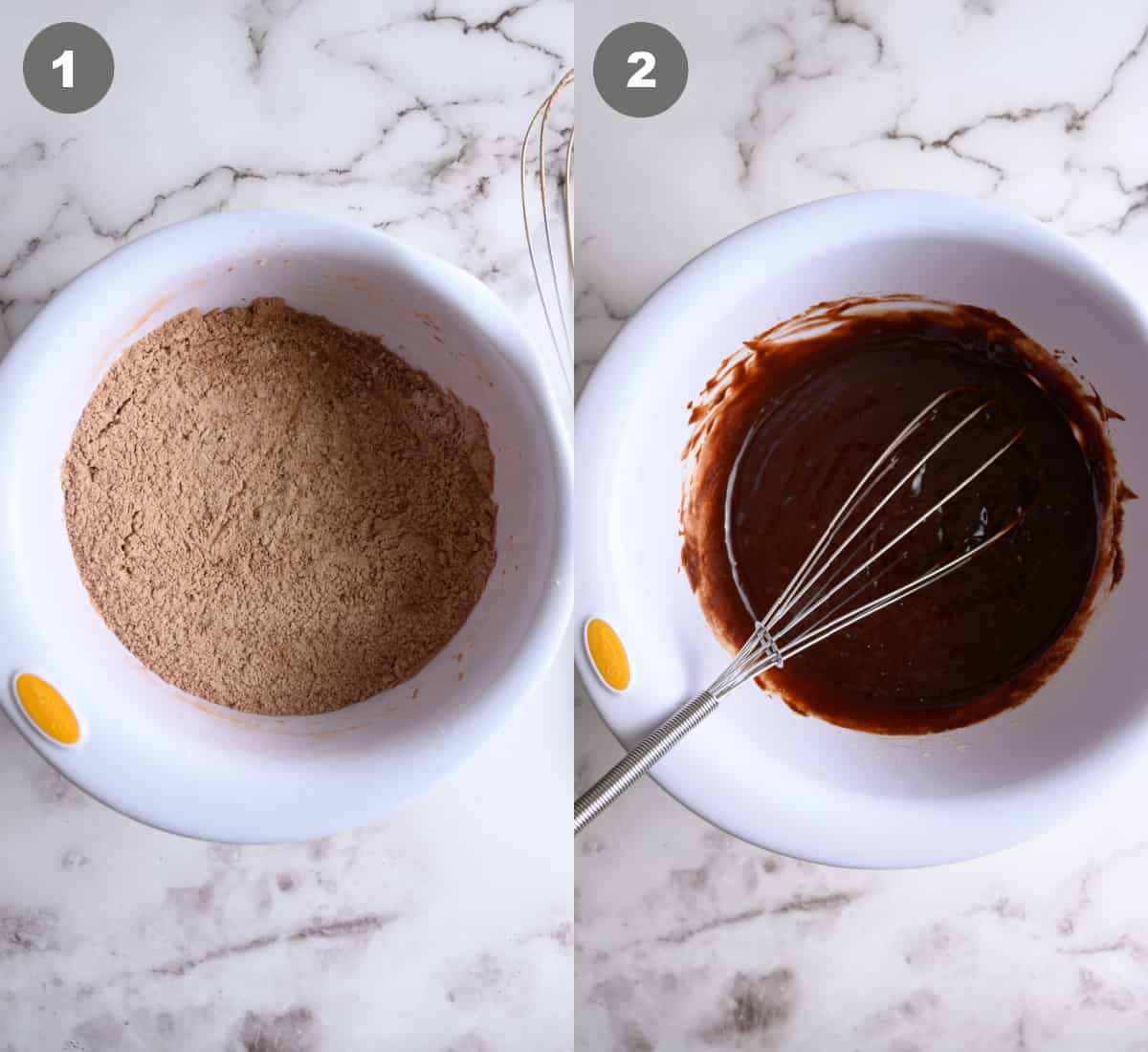 A bowl of the dry ingredients and another bowl of melted chocolate.