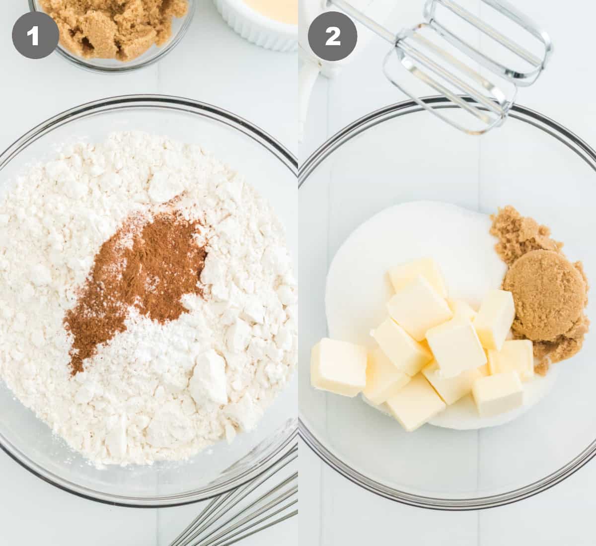 Dry ingredients in a bowl and the wet ingredients in a bowl.