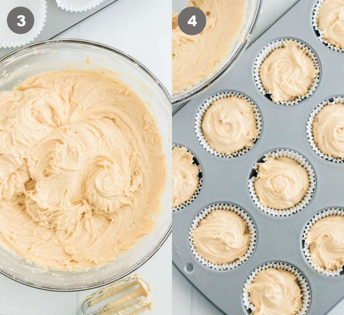 The batter mixed together in a bowl. Muffin tins filled with batter.