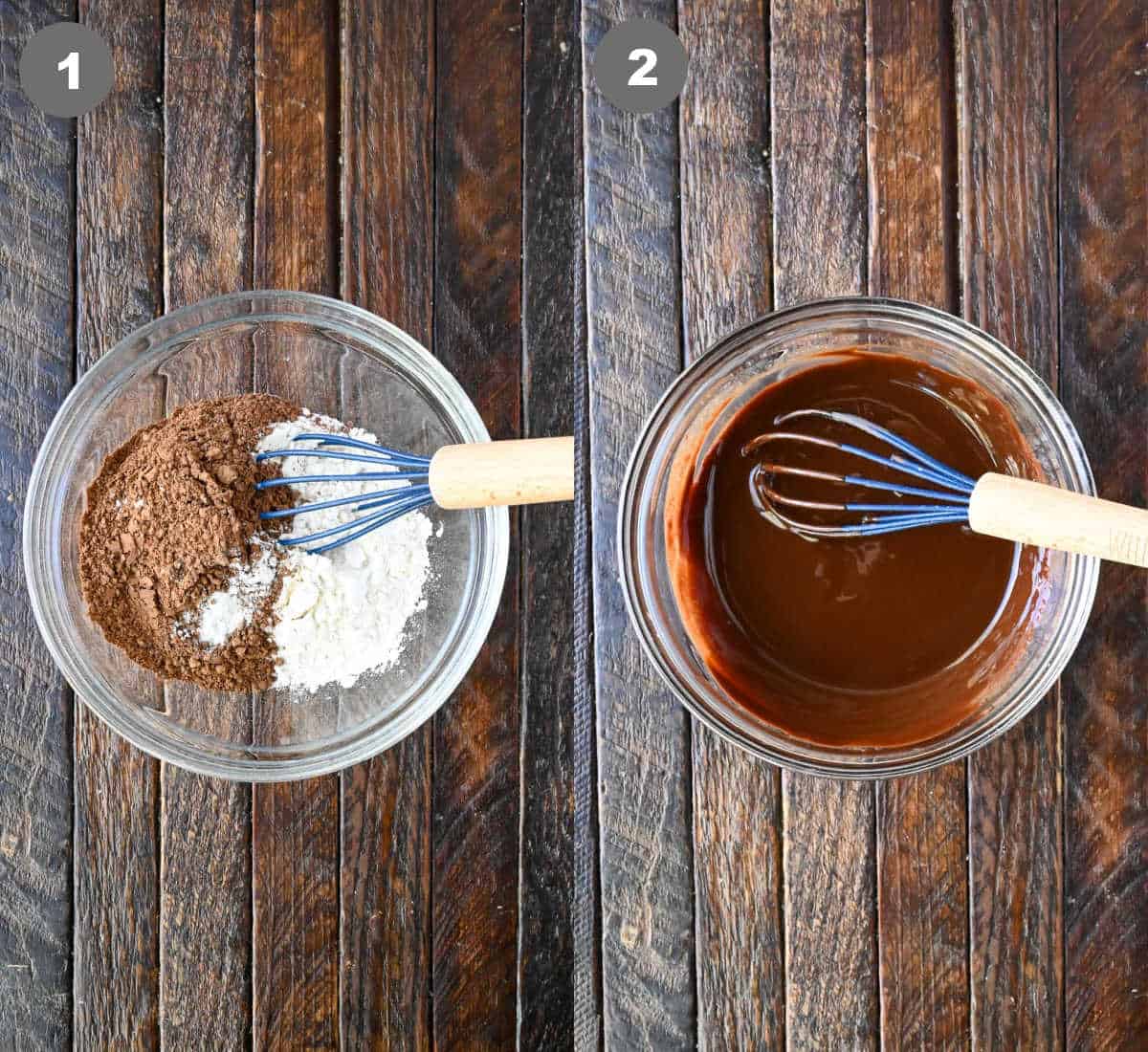 Dry ingredients mixed together in a bowl, and melted chocolate in another bowl.