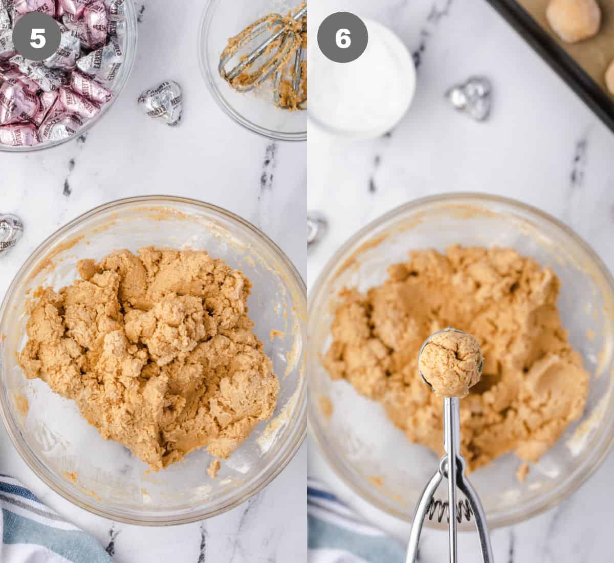 Peanut butter cookie dough all mized together and a cookie scoop taking a ball out.