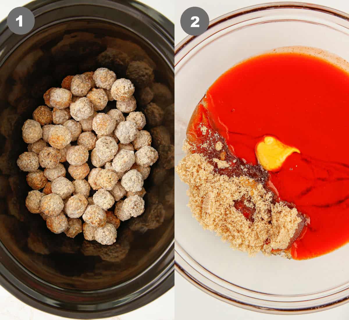 Frozen meatballs in a crockpot, the sauce mixed into a bowl.