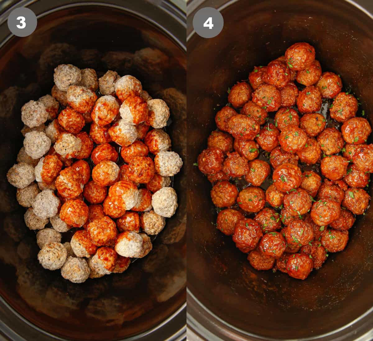 Sauce poured on top of the meatballs and then being cooked.