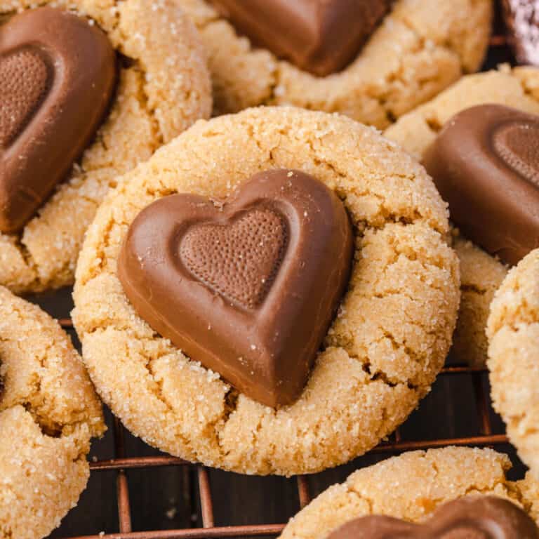 Close up photo of peanut butter heart cookie.