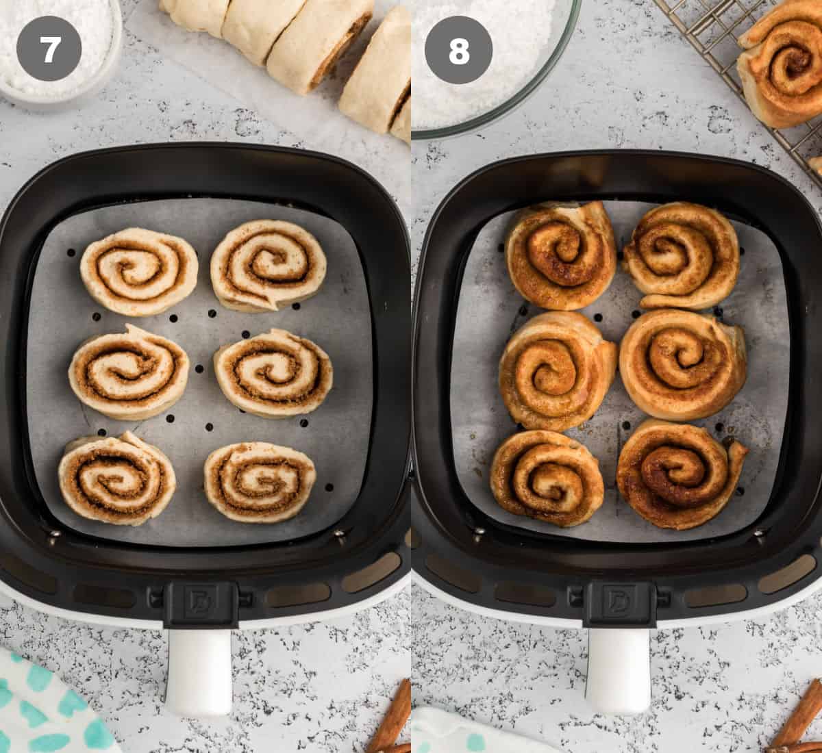 Sliced cinnamon rolls placed into the fryer.