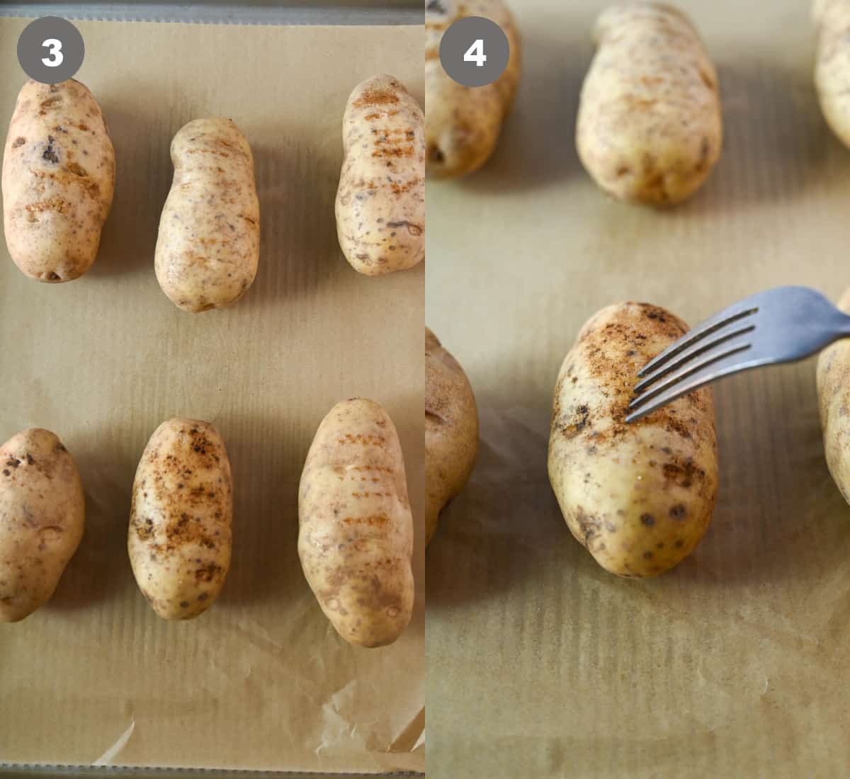 Potatoes washed and poked with a fork.