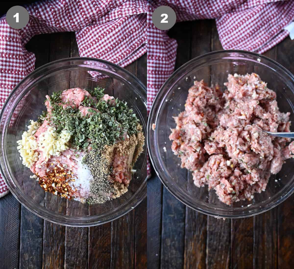 Ground sausage with spices in a bowl then mixed together.