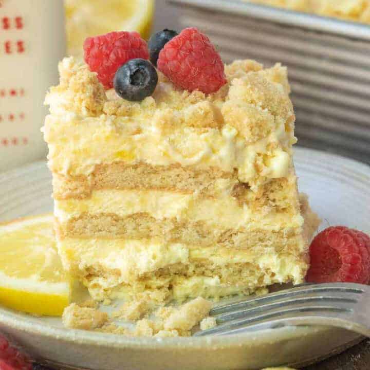 Lemon icebox cake on a white plate.