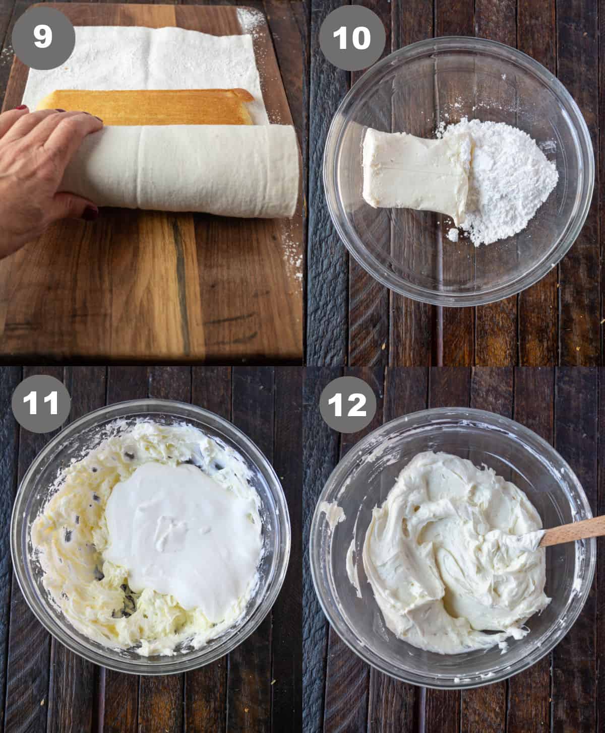 The baked cake placed on the towel and rolled up. In a bowl the cream cheese filling all mixed together.