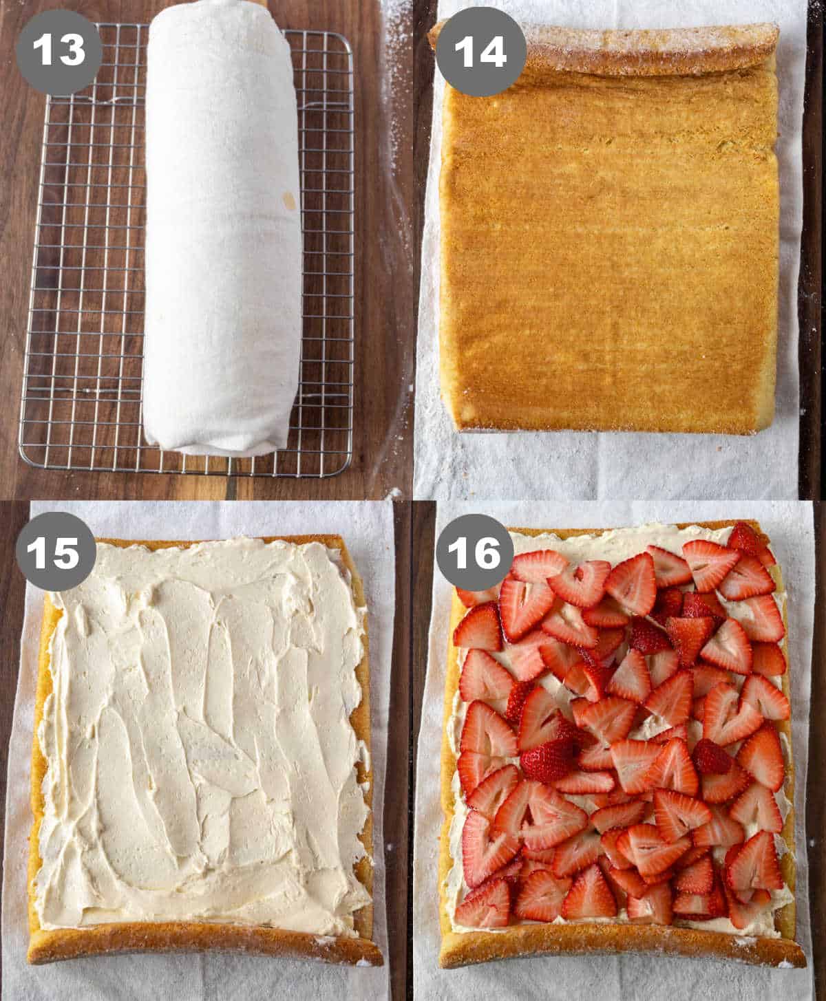 The cake unrolled and the filling spread onto it with a layer of strawberries.