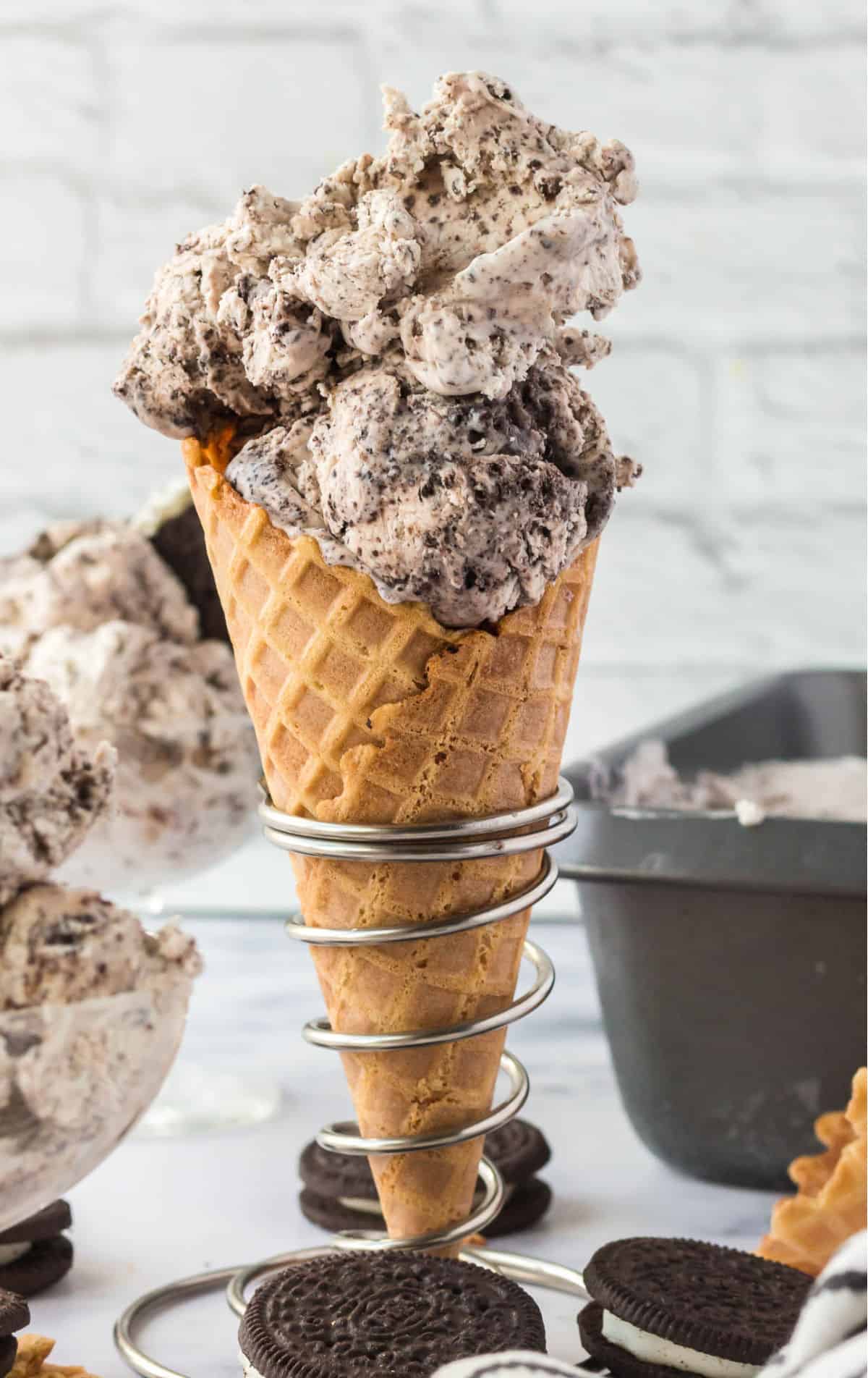 Ice cream placed in a large waffle cone.