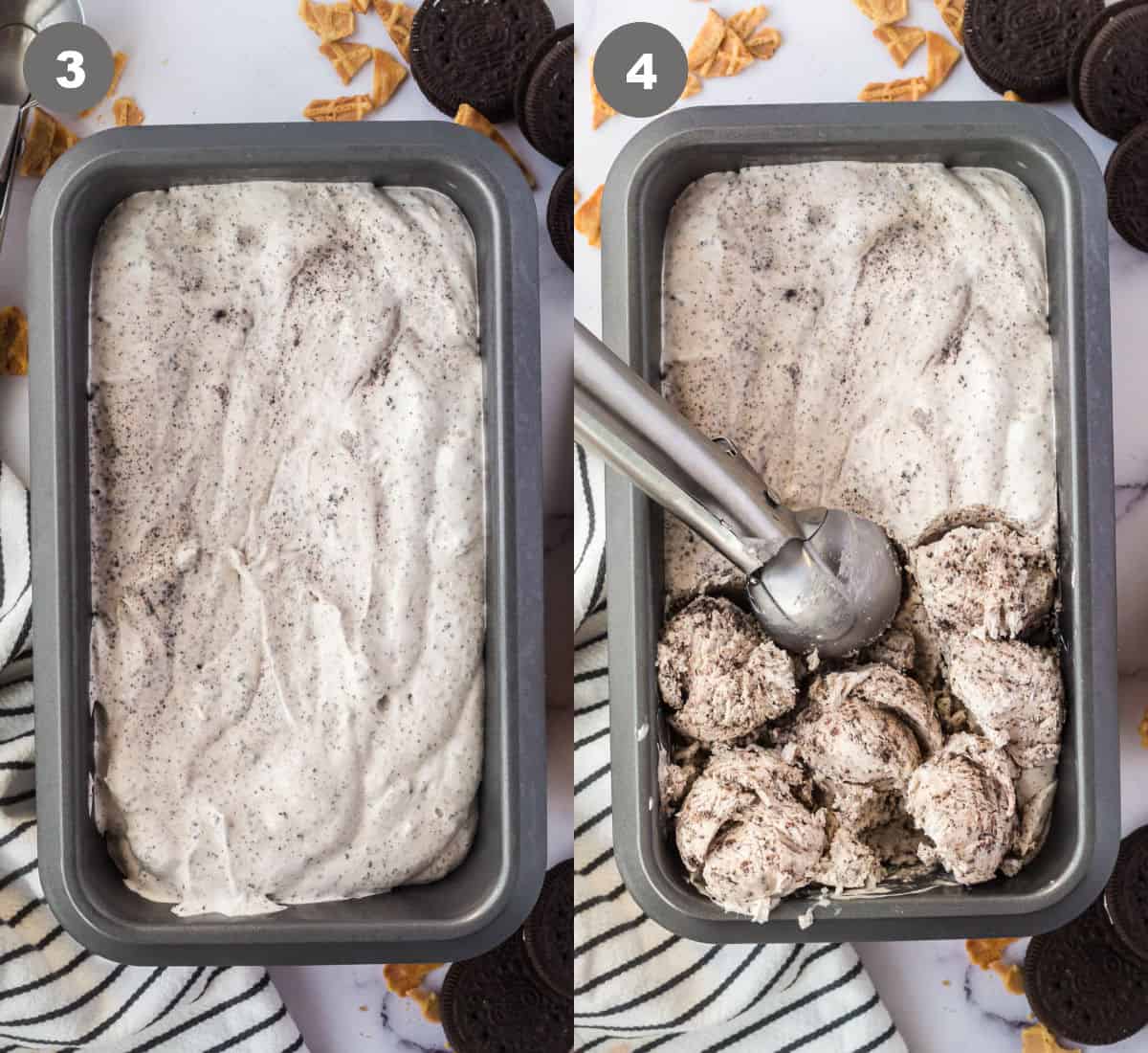 Ice cream placed in a metal loaf pan then frozen and some scooped into balls.