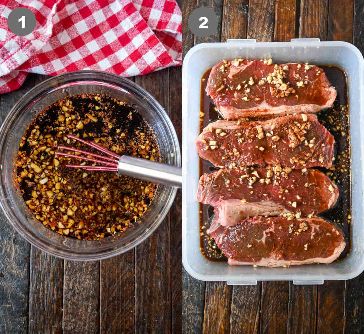 Marinade ingredients in a bowl and poured over raw steak.