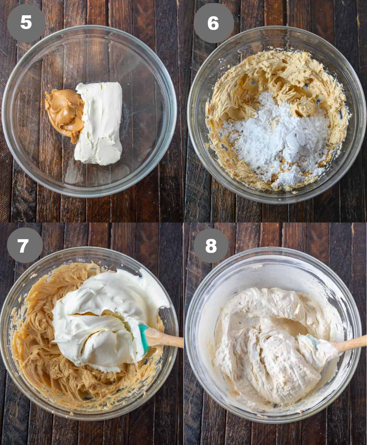 Peanut butter and cream cheese added to a bowl, mixed and powdered sugar added and whipped cream mixed.