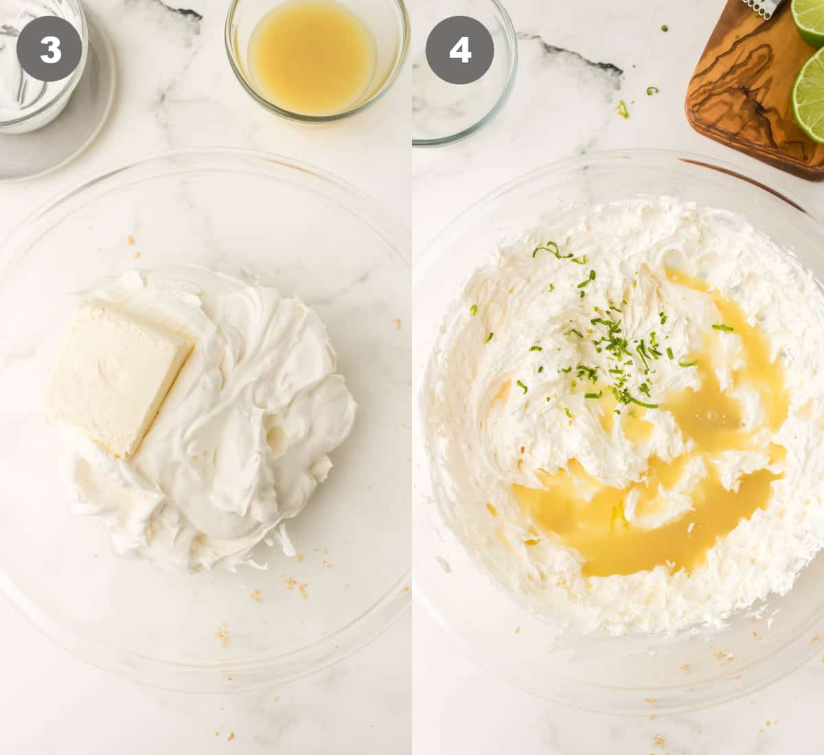 Cream cheese and whipped cream in a bowl and mixed together with lime juice added.