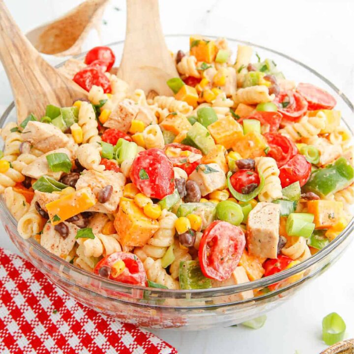 A large bowl with southwest chicken pasta salad.