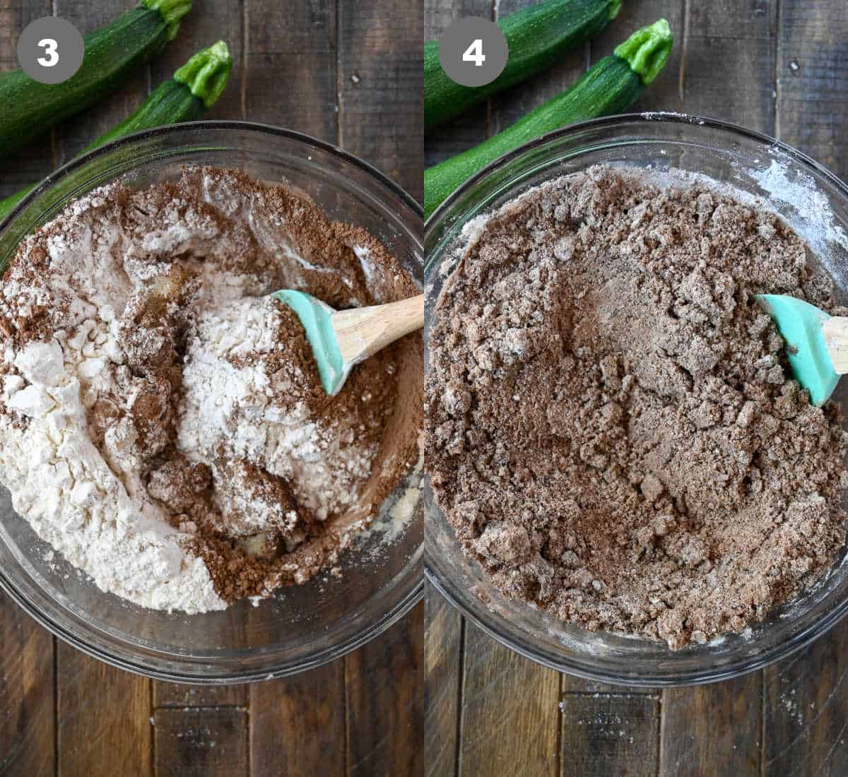 Dry ingredients being whisked together then added to the wet ingredients.