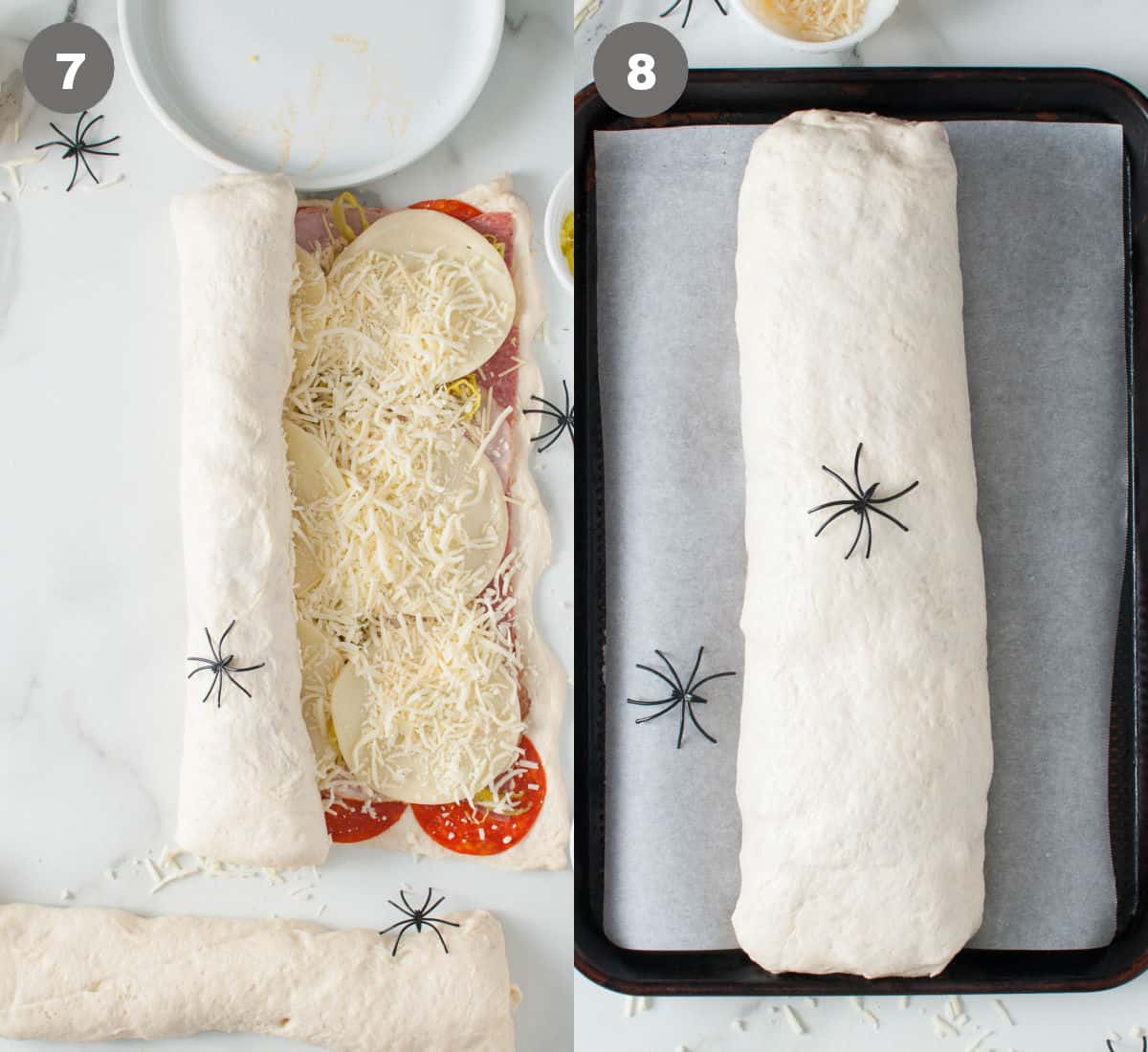 Pizza dough rolled up with filling and placed on a baking sheet.