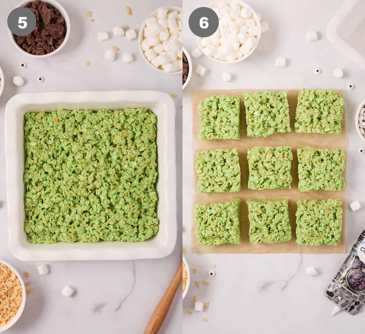 Rice krispie treats pressed into a pan the cut into squares.