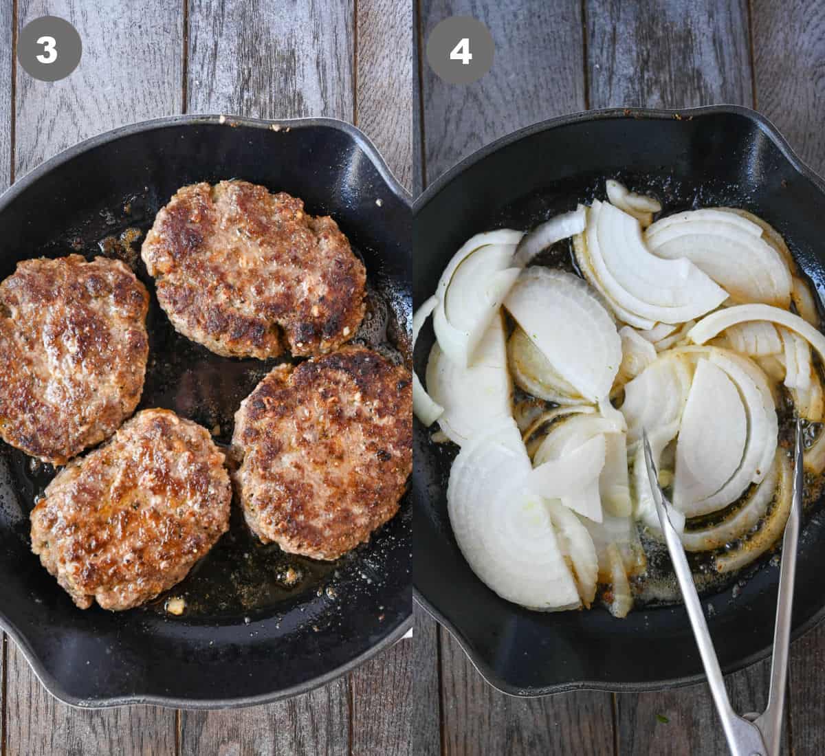 Steak patties in a skillet, then removed and onions added in.