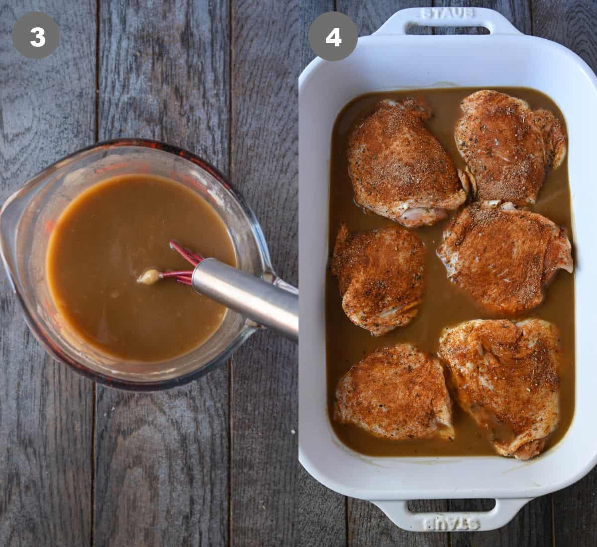 Gravy ingredients mixed into a large measuring cup. Then poured into a baking dish and chicken placed on top.