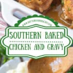 A pinterest pin with a dish with baked chicken in it and a spoonful of gravy being poured on top.