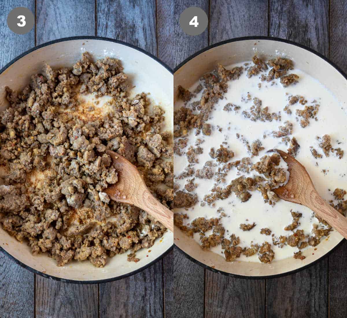 Ground sausage being browned in a skillet then milk and cream added.