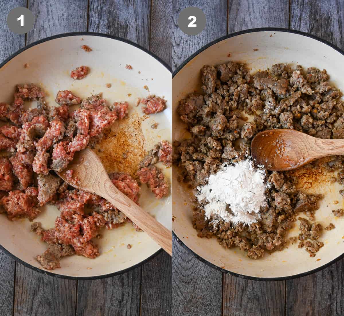 Ground sausage added to a skillet. Then once brown flour sprinkled on top.