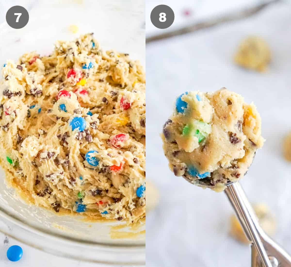 Cookie dough then a scoop of cooie dough in a cookie scoop.