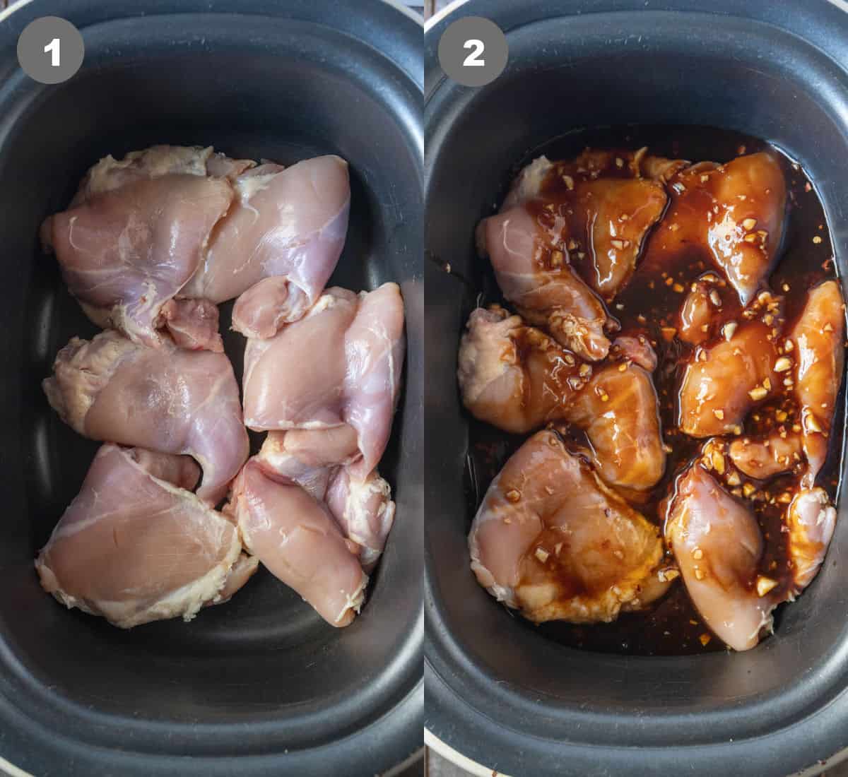 Chicken thighs placed in a slow cooker then sauce poured on top.