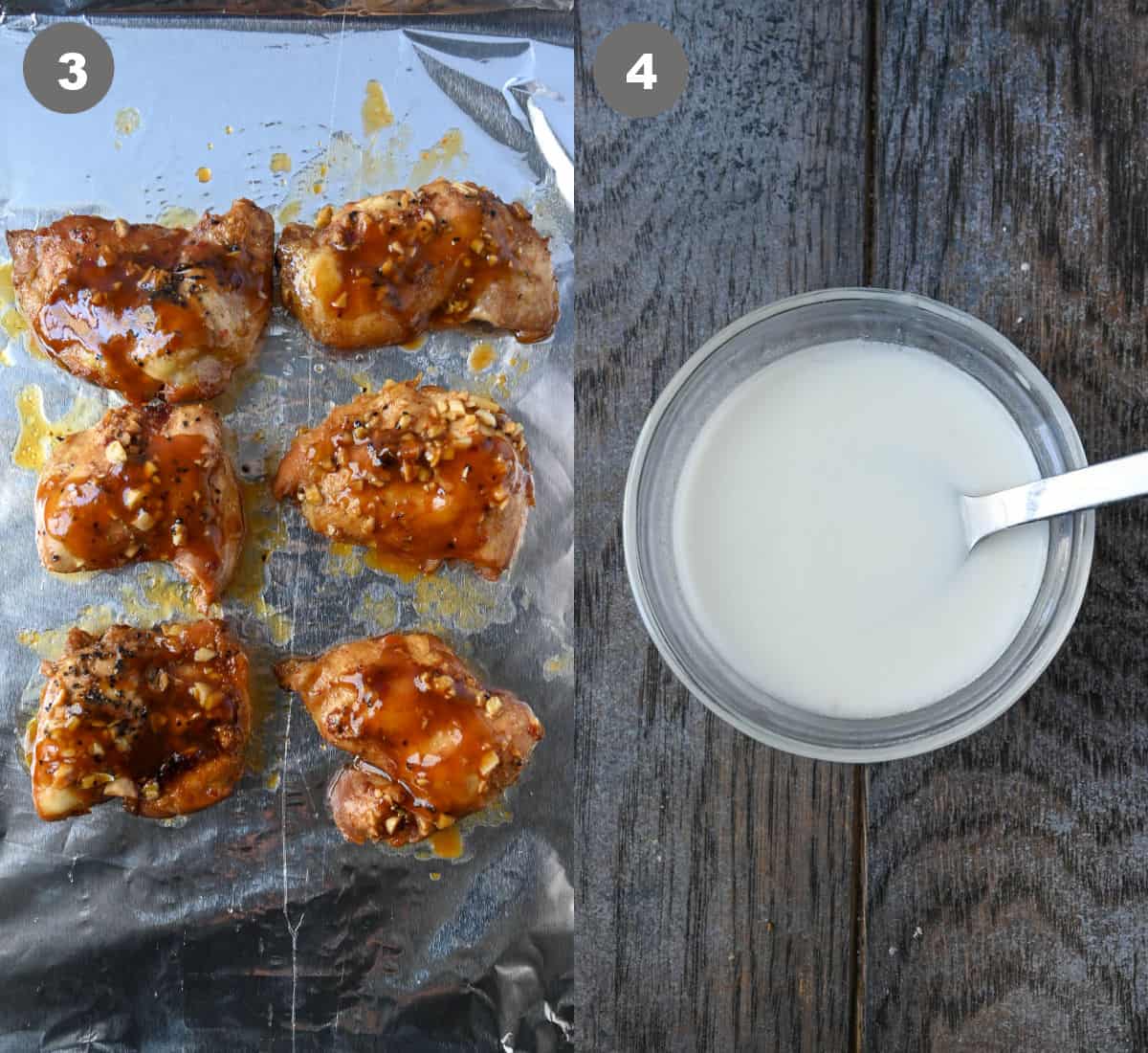 Chicken thighs on a foil lined baking sheet then a small bowl of cornstarch slurry.