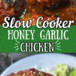 Honey garlic chicken in a slow cooker and plate pinterest pin.