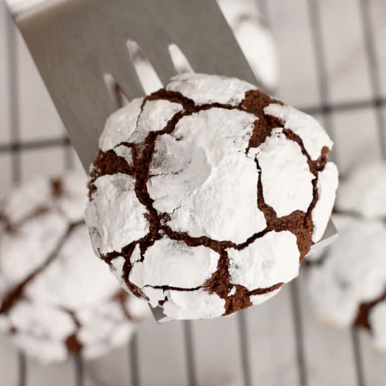 Chocolate crinkle cookie on a metal spatula.